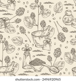 Seamless pattern with psoralea corylifolia: plant, leaves, psoralea corylifolia flowers and seeds. Malaysian scurfpea. Oil, soap and bath salt . Cosmetics and medical plant. Vector hand drawn