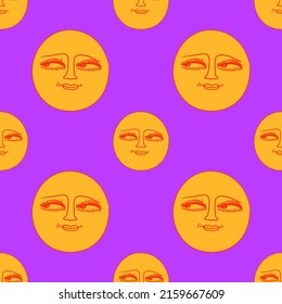 Seamless pattern - Psychedelic 70s smiley. Psychedelic 1970 good vibes - sunshine face.Trippy acid moon.Funky stickers, groovy face characters.Yellow hippie vector sun.Vintage smile background