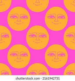 Seamless pattern - Psychedelic 70s smiley. Psychedelic 1970 good vibes - sunshine face.Trippy acid moon.Funky stickers, groovy face characters.Yellow hippie vector sun.Vintage smile funny background