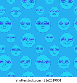 Seamless pattern - Psychedelic 70s smiley. Psychedelic 1970 good vibes - sunshine face.Trippy acid moon.Funky stickers, groovy face characters.Blue hippie vector sun.Vintage smile funny background