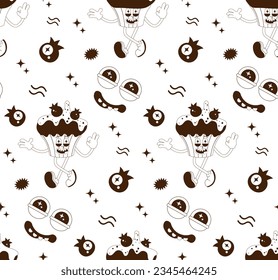 Patrón sin foco de stickers de dibujos animados psicodélicos. Pasteles de arte moderno, tarta, helado, muffin, panqueque, donut. Caras divertidas con ojos distorsionados. Paleta monocroma. Arte de línea.