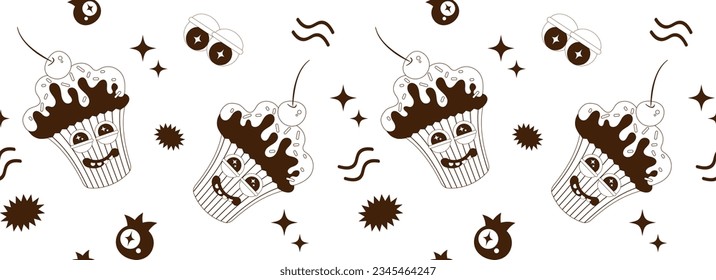 Seamless pattern of psychedelic cartoon stickers. Modern art sweets, cake, ice cream, muffin, pancake, donut. Funny faces with distorted eyes. Monochrome palette. Line art.