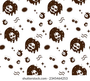 Seamless pattern of psychedelic cartoon stickers. Modern art sweets, cake, ice cream, muffin, pancake, donut. Funny faces with distorted eyes. Monochrome palette. Line art.