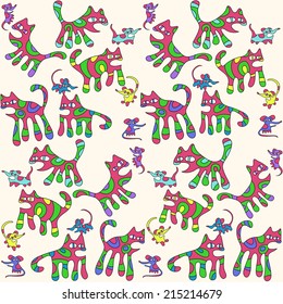 Seamless pattern with psychedelic cats and mice.
