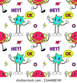 Seamless pattern with psychedelic characters. Trendy vector print. Abstract design of cartoon stickers. Trend vector illustration EPS