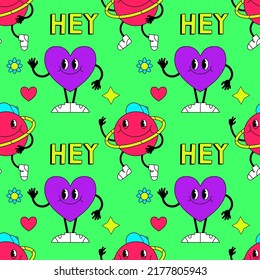 Seamless pattern with psychedelic characters. Trendy vector print. Abstract design of cartoon stickers. Trend vector illustration EPS