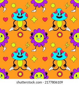 Seamless pattern with psychedelic characters. Trendy vector print. Abstract design of cartoon stickers. Trend vector illustration EPS