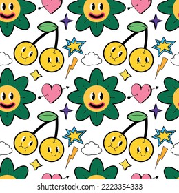 Seamless pattern with psychedelic characters. Trendy vector print. Abstract design of cartoon stickers. Trend vector illustration EPS