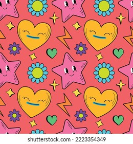 Seamless pattern with psychedelic characters. Trendy vector print. Abstract design of cartoon stickers. Trend vector illustration EPS