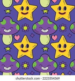 Seamless pattern with psychedelic characters. Trendy vector print. Abstract design of cartoon stickers. Trend vector illustration EPS