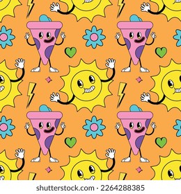 Seamless pattern with psychedelic characters. Trendy vector print. Abstract design of cartoon stickers. Trend vector illustration EPS