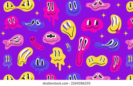 Trippiges Schmelzen und Tropfen lächeln nahtlos Muster im y2k-Stil. Die lustigen, unechten Emoticons stehen vor. Psychedelisches Vektordesign. Cartoon Neondruck für Kleidung, Stoff, Papier, Deckel, Inneneinrichtung. 