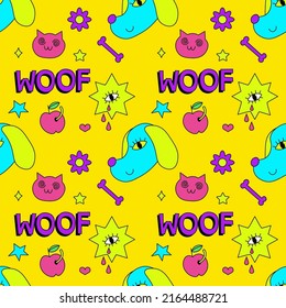 Seamless pattern with psychedelic dogs elements. Trendy vector print. Abstract design of cartoon stickers. Trend vector illustration EPS