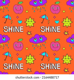 Seamless pattern with psychedelic elements. Trendy vector print. Abstract design of cartoon stickers. Trend vector illustration EPS