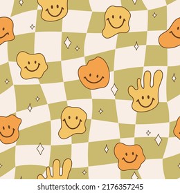 Seamless pattern psychedelic groovy checkerboard background in style retro 70s. Illustration with smiling faces for wallpaper, fabric, textiles. Vector