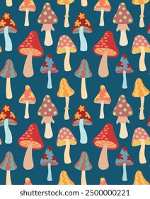 Seamless pattern with psychedelic groovy mushrooms. Vector colorful retro background with hippie and funky elements.	