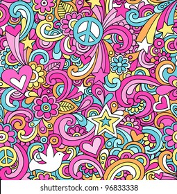 Seamless Pattern Psychedelic Groovy Peace Notebook Doodle Design- Hand-Drawn Vector Illustration Background