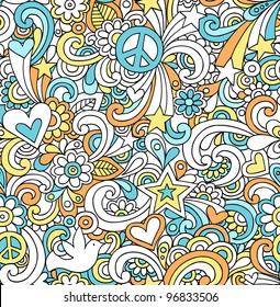 Seamless Pattern Psychedelic Groovy Peace Notebook Doodle Design- Hand-Drawn Vector Illustration Background