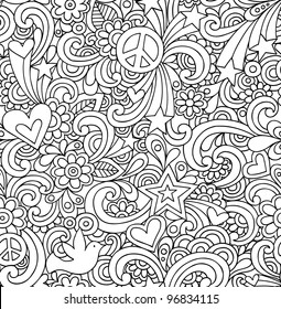 Seamless Pattern Psychedelic Groovy Peace Notebook Doodle Design- Hand-Drawn Vector Illustration Background