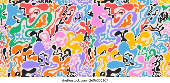 Seamless pattern psychedelic groovy trippy y2k retro colored. Vector wavy and swirled brush strokes seamless pattern. Template abstract liquid background for packaging colored design and advertisement