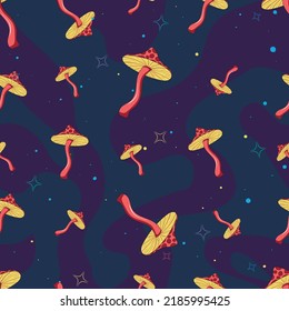 Seamless pattern with psychedelic hallucinogenic colorful fly agaric mushrooms in 70s hippie style on a dark abstract background.