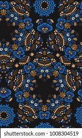 Seamless pattern with a Psychedelic kaleidoscope footage. Mandala ornament. Stylized blue and brown flowers on a black background. Floral motif. Complex flourish weave medallion. Vector illustration.