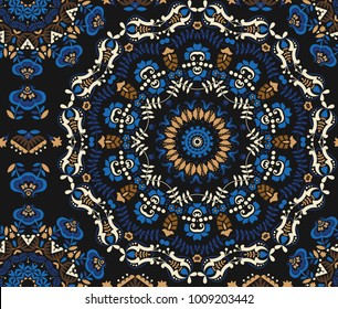 Seamless pattern with a Psychedelic kaleidoscope footage. Mandala ornament. Stylized blue and brown flowers on a black background. Floral motif. Complex flourish weave medallion. Vector illustration.