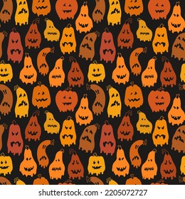 Seamless pattern with psychedelic leaked smile pumpkins on black background for halloween.