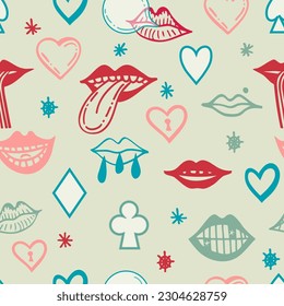 Seamless pattern with psychedelic mouth elements. Retro design of hipster icons. Doodle style graphic. Vintage trippy cartoon. Color symbols of 60 70 80 90 trend vector illustration.