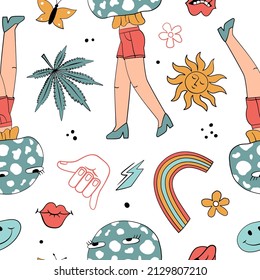 Seamless pattern with psychedelic mushroom, flowers and other retro elements.70's groovy themed in hand drawn style. Hippie illustration for textiles, t-shirt, cards