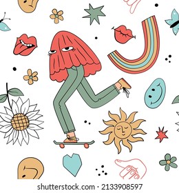 Seamless pattern with psychedelic mushroom, flowers and other retro elements.70's groovy themed in hand drawn style. Hippie illustration for textiles, t-shirt, cards