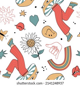 Seamless pattern with psychedelic mushroom, flowers and other retro elements.70's groovy themed in hand drawn style. Hippie illustration for textiles, t-shirt, cards