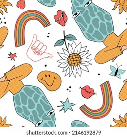 Patrón sin foco con setas psicodélicas, flores y otros elementos retro.70 con temática grooval de estilo dibujado a mano. Ilustración hippie para textiles, camisetas, tarjetas