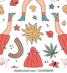 Seamless pattern with psychedelic mushroom, flowers and other retro elements.70's groovy themed in hand drawn style. Hippie illustration for textiles, t-shirt, cards, poster, wallpaper, wrapping paper