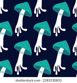 Seamless pattern with psychedelic mushrooms. Cool illustration for social media posts, banner, card design, textile.