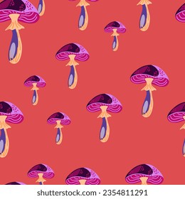 Seamless pattern with psychedelic mushrooms. Magical fly agaric wallpaper. Design for printing, textile, fabric, fashion, interior, wrapping paper. Vector illustration