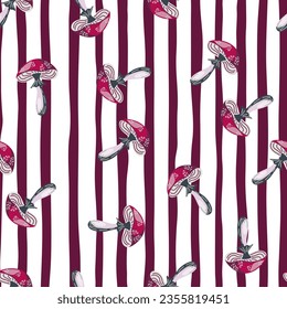 Seamless pattern with psychedelic mushrooms. Magical fly agaric wallpaper. Design for printing, textile, fabric, fashion, interior, wrapping paper. Vector illustration