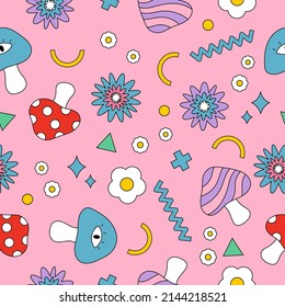 Patrón sin foco con setas psicodélicas en fondo rosado. Plantas dibujadas a mano y figuras geométricas. Ilustración vectorial.