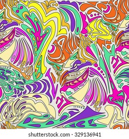 Seamless Pattern, Psychedelic Notebook, Doodle Design. Magic seamless pattern with abstract flowers. Endless background. Ethnic seamless pattern. Use for wallpaper, pattern fills, web page background.