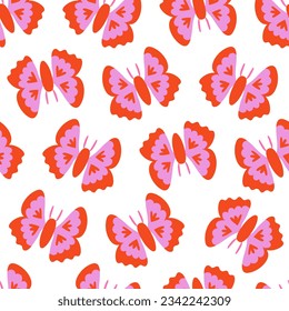 Seamless pattern with psychedelic pink butterflies. Vector flat background