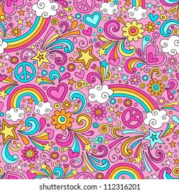 Seamless Pattern Psychedelic Rainbows Groovy Peace Notebook Doodle Design- Hand-Drawn Vector Illustration Background