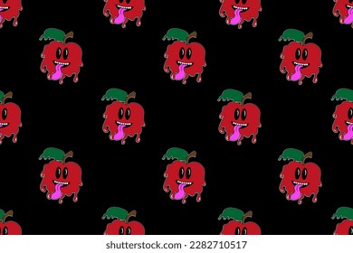 Seamless pattern with psychedelic red apples. Crazy wallpaper and bed linen print. Cartoon fruits with flowing texture background. 