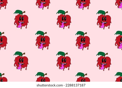 Seamless pattern with psychedelic red apples. Crazy wallpaper and bed linen print. Cartoon fruits with flowing texture background. 