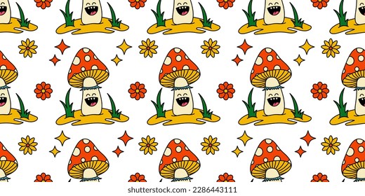 Seamless pattern of psychedelic retro cartoon mushrooms. Modern Y2K trendy mushrooms in retro color. Vector illustration.