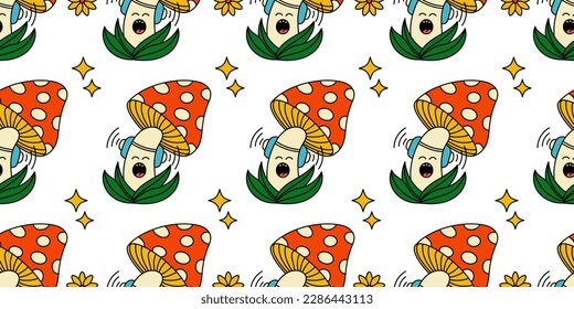 Seamless pattern of psychedelic retro cartoon mushrooms. Modern Y2K trendy mushrooms in retro color. Vector illustration.