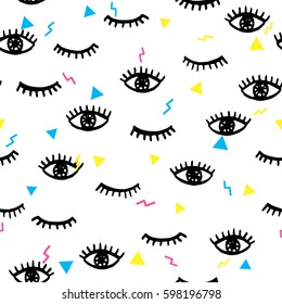 Seamless pattern in psychedelic style with doodle hand drawn closed and opened human eyes. Trendy seamless texture for covers, wrapping paper and textile design. Modern hipster style. svg