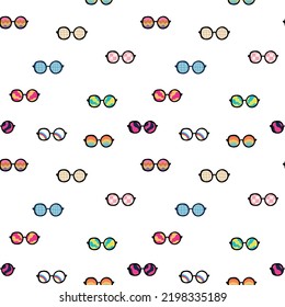 Seamless pattern with psychedelic sunglasses in the style of the 1970s. Retro groovy graphic elements of glasses with rainbow, lines and waves. Hippie boho style