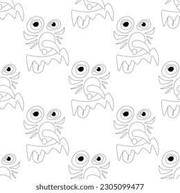 Seamless Pattern with Psyhodelical Bully Monster Face. Surreal Design, Endless Texture. Pop Art Cartoon Style with Stains. Coloring Book Page. Vector Contour Illustration