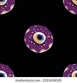Seamless Pattern with Psyhodelical Donut with Eye. Surreal Design on Black. Pop Art Cartoon Style with Stains. Endless Texture. Vector 3d Illustration