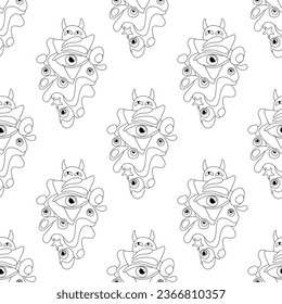 Seamless Pattern with Psyhodelical Monster Vibes. Surreal Design on Black, Endless Texture. Pop Art Cartoon Style with Stains. Coloring Book Page. Vector Contour Illustration